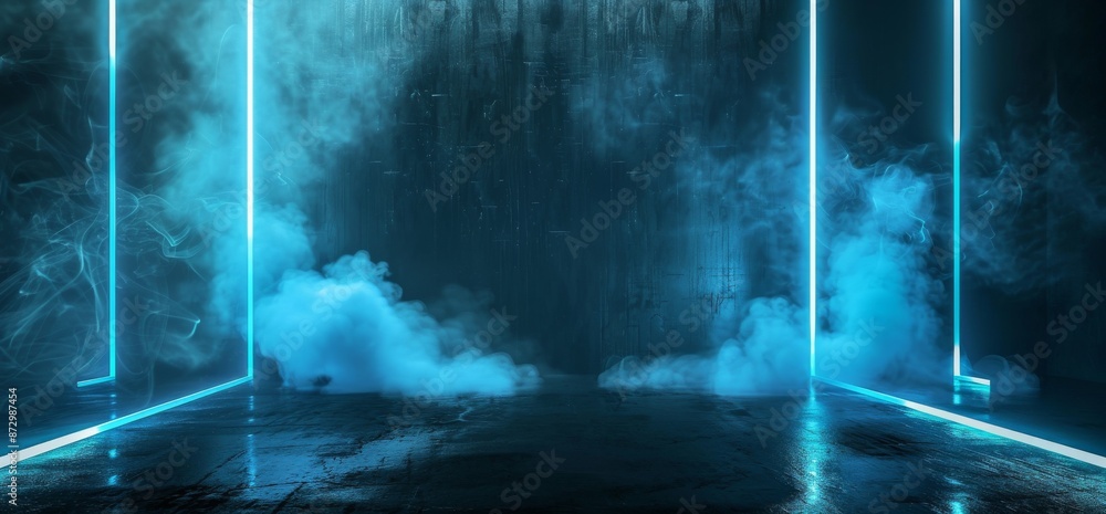 Poster an alien spaceship shape reflected in concrete with smoke sci fi neon light glimmering in a tunnel c