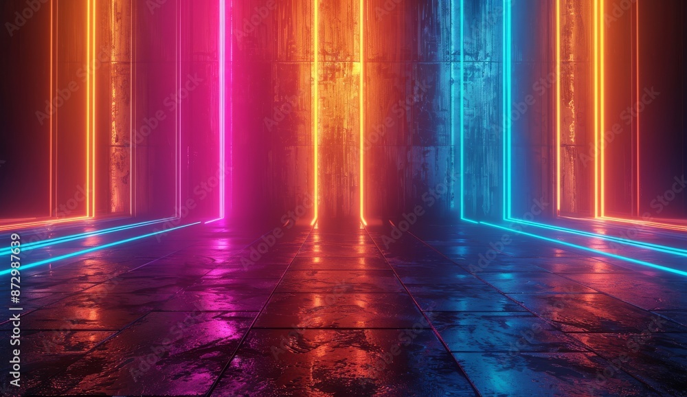 Poster 3d rendering of dark room with reflective floor tiles and lights.