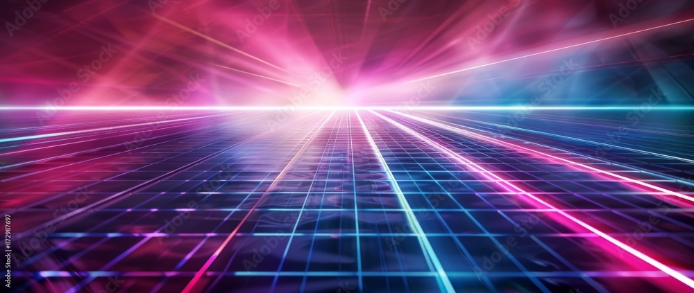 Poster 3d rendering of empty stage show. neon futuristic sci-fi purple blue glowing background. rope net pe