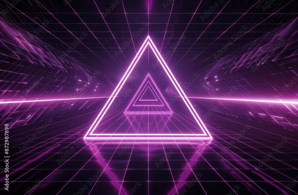 Poster synthwave banner with an 80s style sci-fi background and purple triangle in the middle.