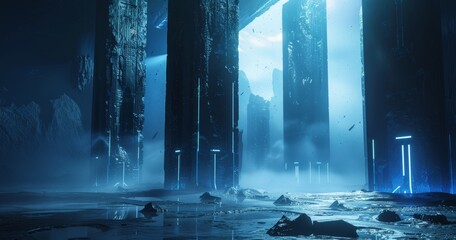 Obraz premium Fantastic metal block house in a dark landscape. Surreal alien apocalypse concept. 3D model.