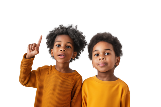 Two african kids pointing upwards with a finger. Back to school concept. Transparent background
