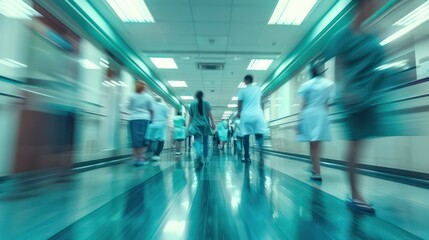 Fototapeta premium Busy hospital corridor captured at slow shutter speed Doctors and nurses moving through the corridors are blurred.