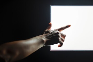 The image depicts a woman touching an empty interactive touchscreen display kiosk in a dark room of a modern technology museum. The mockup was designed as a template, with a sci-fi theme, a