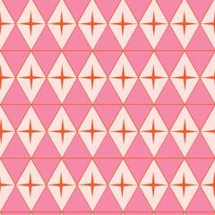 Mid Century Orange Atomic Starbursts on pink and white retro diamonds seamless pattern. For home décor, wallpaper and fabric