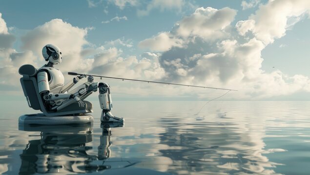 A robot is fishing at sea with a fishing rod. A future concept with robotics and stock. 3D rendering.