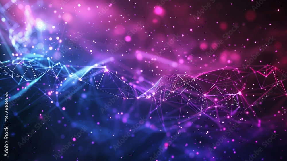 Poster purple background with dots, triangulars, and lines. brain neurons in 3d.