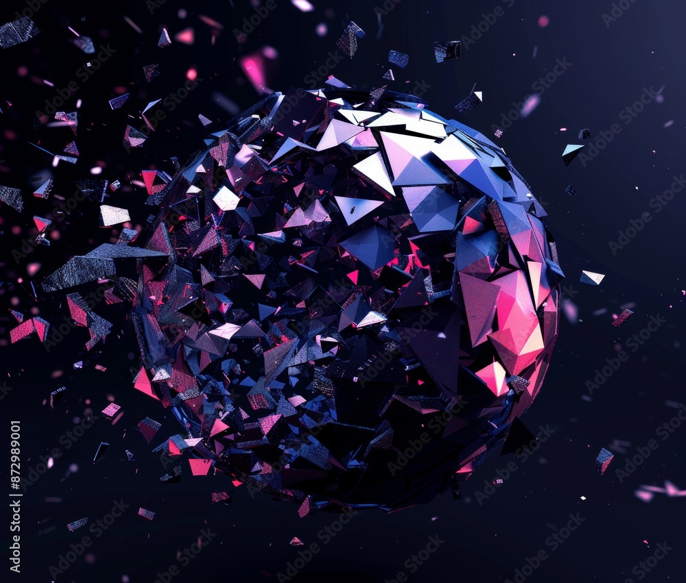 Poster a low polygonal sphere with chaotic structure in an empty space. sci-fi background, futuristic desig