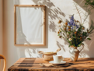 Detailed 3D rendering of a modern bedroom interior featuring a cozy gray bedding set with fluffy pillows, surrounded by empty picture frames of various sizes hanging on a neutral-toned wall