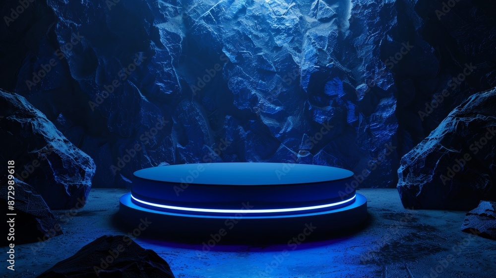 Poster 3d render of abstract blue neon futuristic sci-fi design in a dark mock-up scene