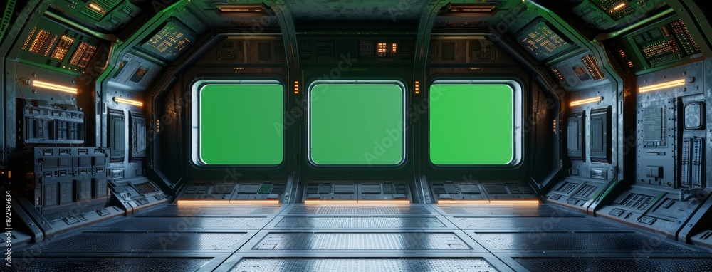 Poster this 3d rendering shows a dark spaceship interior with blue and red lights glowing at a distance. th