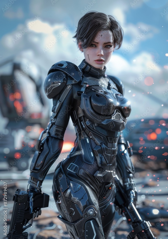 Poster a sci-fi assassin has completed her task and is moving on to the next target. 3d rendering.