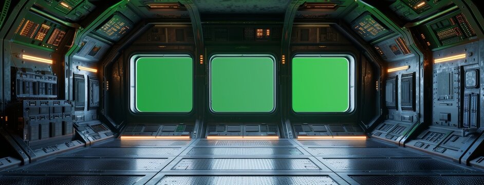 This 3D rendering shows a dark spaceship interior with blue and red lights glowing at a distance. This is a futuristic spacecraft with a large window which offers views of the Earth from space.