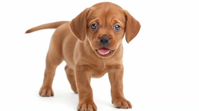 A cute brown puppy with blue eyes and a pink tongue. The puppy is standing on a white background