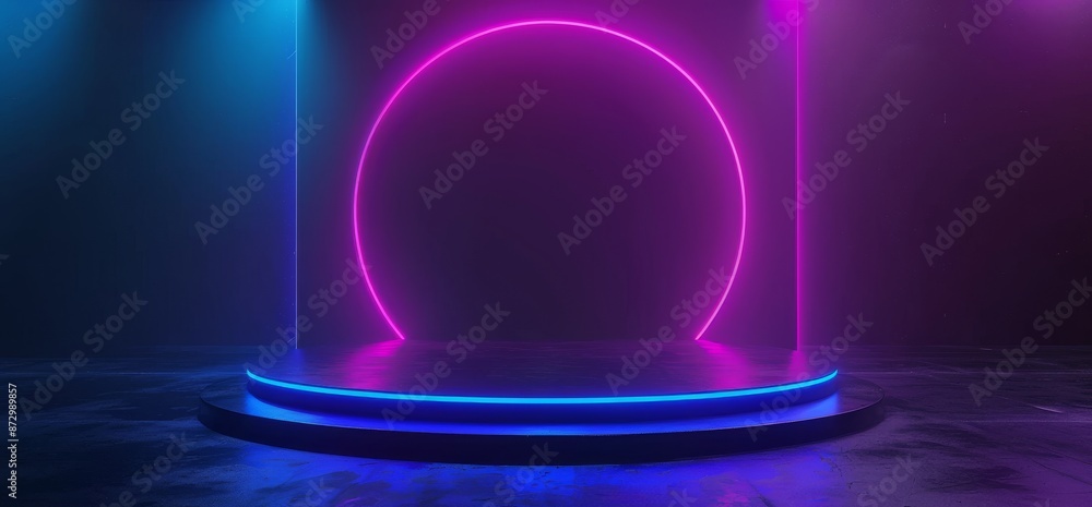 Poster a sci-fi futuristic stage with neon glows and vibrant laser beams on a shiny glossy circle stage mes