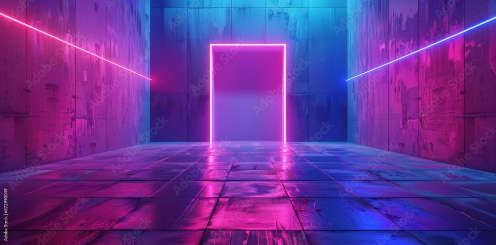 Poster 3d rendering of a spaceship corridor with neon glowing blue purple background in the future. cyberpu