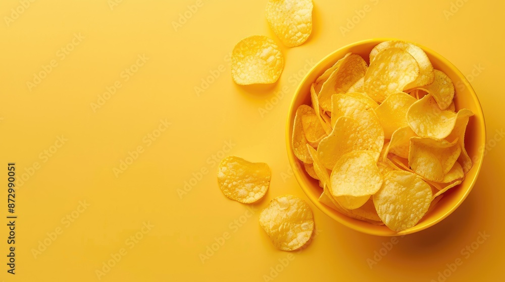Poster potato chips displayed in yellow bowl on matching background viewed from top with space for text