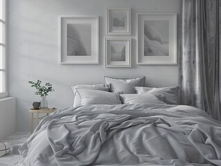 Three-dimensional visualization of a serene bedroom setting showcasing a neatly made bed with gray linens and multiple empty picture frames positioned above, creating a focal point against the muted
