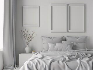 Virtual model of a contemporary bedroom scene with sophisticated gray bedding and a series of blank picture frames displayed on a monochromatic wall, emphasizing the simplicity and elegance of the