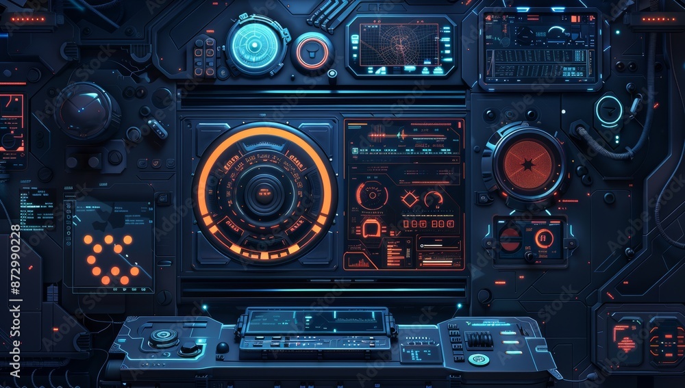 Poster digital interface of a shuttle spacecraft. aim system. futuristic aiming concept. 3d rendering.