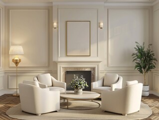 Fototapeta premium 3D rendering of an elegant white and beige living room featuring a fireplace and a seating area with four comfortable armchairs arranged around a round coffee table, with a framed canvas mockup