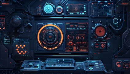 Fototapeta premium Digital interface of a shuttle spacecraft. Aim system. Futuristic aiming concept. 3D rendering.