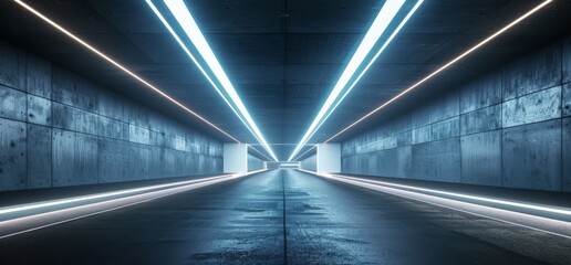 A Sci Fi Futuristic Asphalt Futuristic Neon Glowing White Lines Hangar Industrial Factory Road Two Lanes Dark Night Showroom Studio Empty Car Realistic Cyber 3D Rendering of