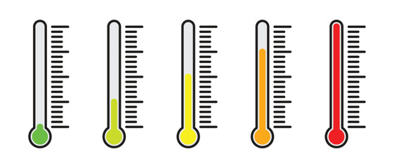 A set of colorful thermometers with a scale and various temperature indicators, temperature measurement icons.