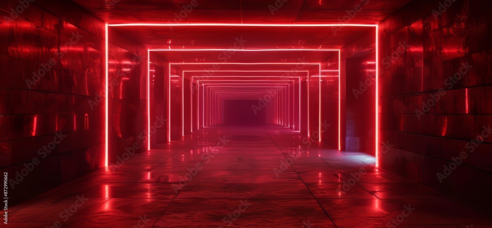 Canvas Prints Rendering of a sci-fi futuristic warehouse with red lights, concrete floor, and rough barn wood walls.