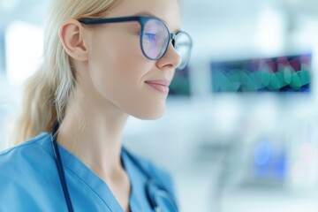 A healthcare professional wearing glasses and a stethoscope.