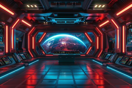 This is a futuristic spacecraft with a large window and control consoles for viewing planets in space and all the lights are glowing blue and red.