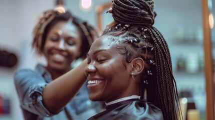 Obraz premium Black woman in hair salon braids other people's hair and dances