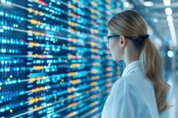 A researcher analyzing digital genetic data displayed on a large interface in a high-tech laboratory.