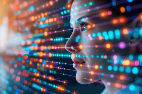 A close-up of a person analyzing a colorful digital interface representing genetic data.