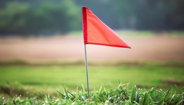Small red triangle flag in green grass. Warning of danger and dangerous areas. Close-up.