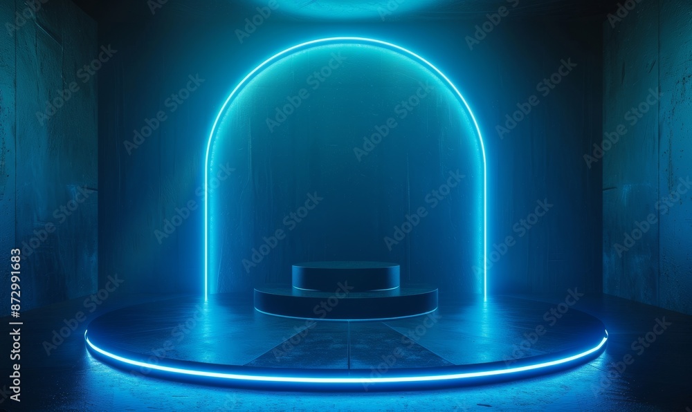 Poster the object displays an abstract realistic 3d blue cylinder pedestal podium with sci-fi dark blue abs