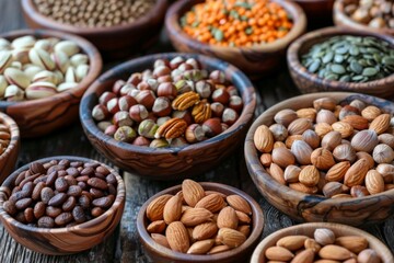 Fototapeta premium Assorted Nuts and Seeds in Wooden Bowls