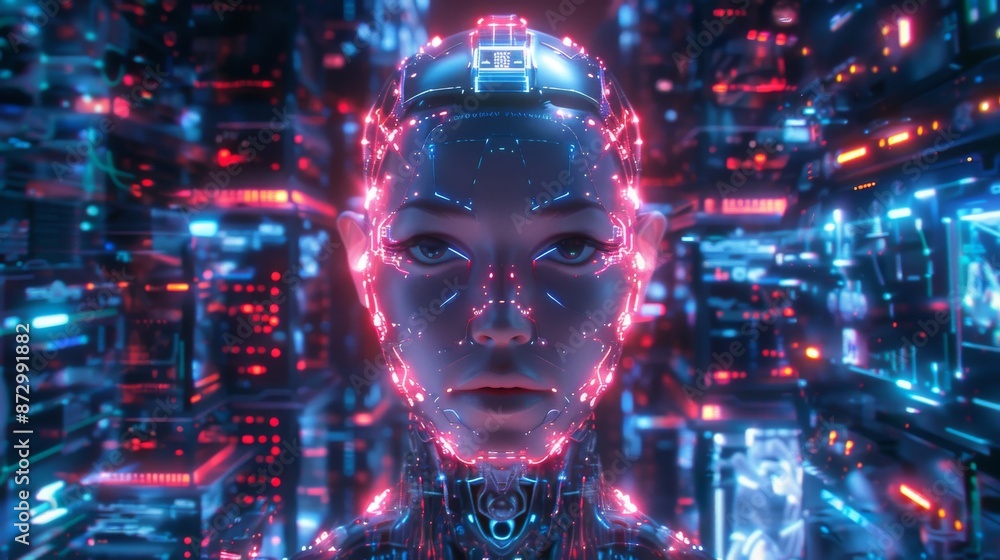 Poster stock cyborg engaged: robot examining virtual hud interface in modern technology frame - machine lea