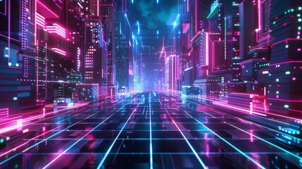 A futuristic cyberpunk neon city night background created using stock