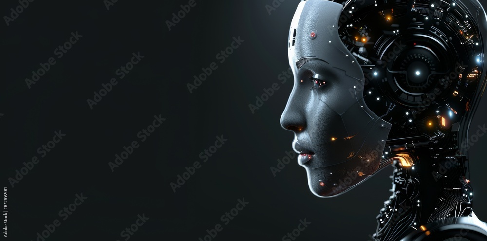 Poster view of futuristic female robot head with wire attached to her brain. future of stock concept. blurr