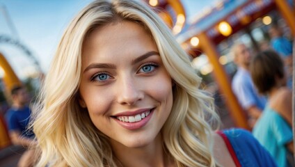 A smiling blonde woman with blue eyes at an amusement park, capturing a joyful and vibrant moment with rides in the background.