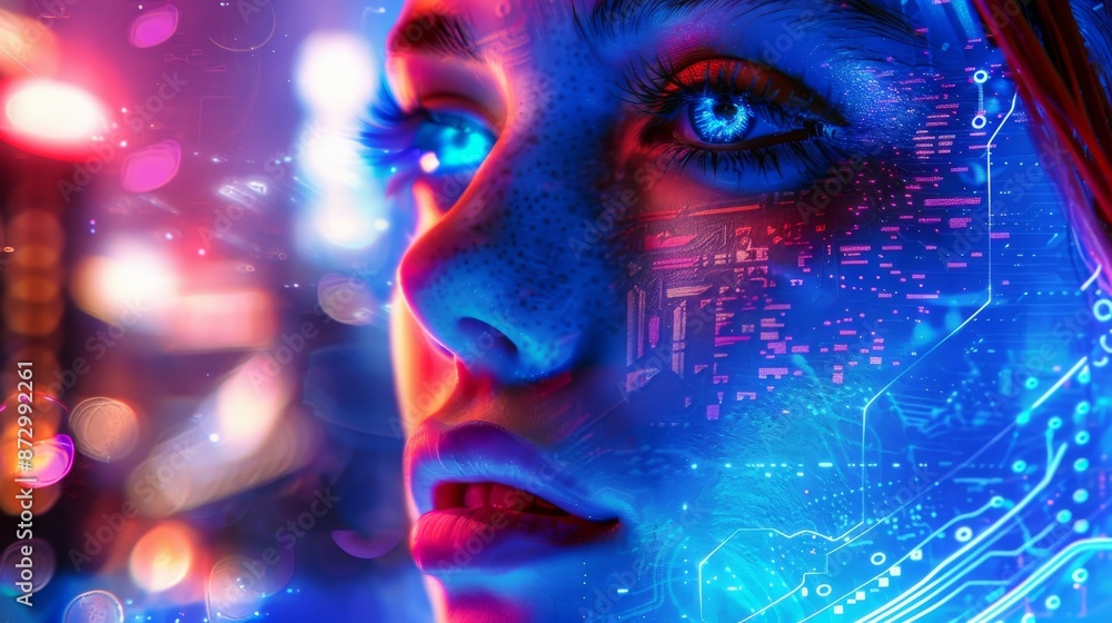 Canvas Prints A futuristic portrait of a woman with stock in blue colors surrounded by microcircuits.