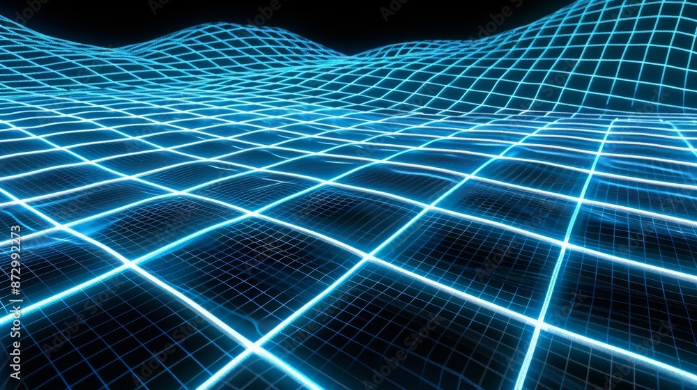 Poster vj futuristic sci-fi 80s 90s y2k wireframe net with neon blue abstract background. synthwave grid vi