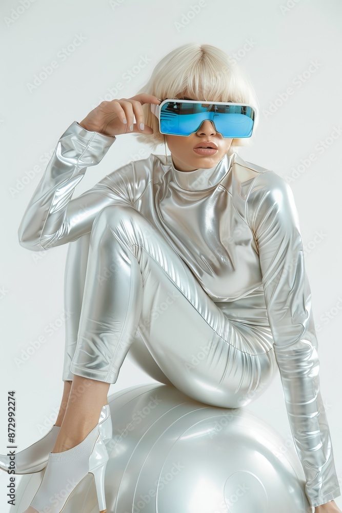 Canvas Prints The beautiful cyber woman is sitting on a silver ball...