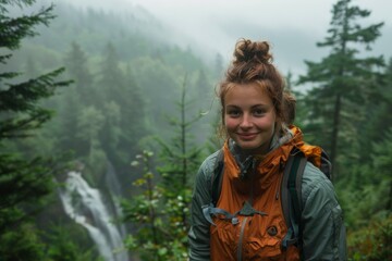 Naklejka premium Young Woman Hiking in Misty Forest hiking