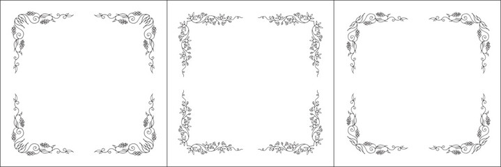 Set of three vegetal vector frames with forest flowers and leaves. Black and white. Vector frame for all sizes and formats. Isolated vector illustration.	
