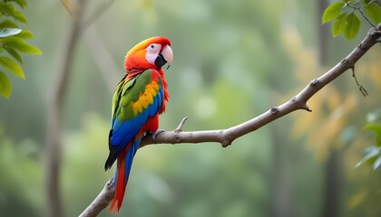Obraz premium A beautiful colourful parrot is sitting in a tree branch behind it blurred view of forest