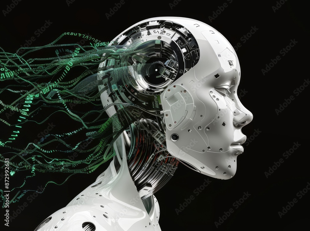 Poster a 3d rendering of a female robot head that shatter with a wave of zeros and ones.