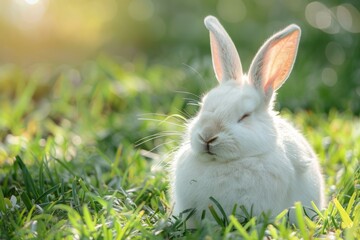 Fototapeta premium White Rabbit in Sunlit Green Meadow