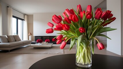 Red tulips in modern living room - home decor